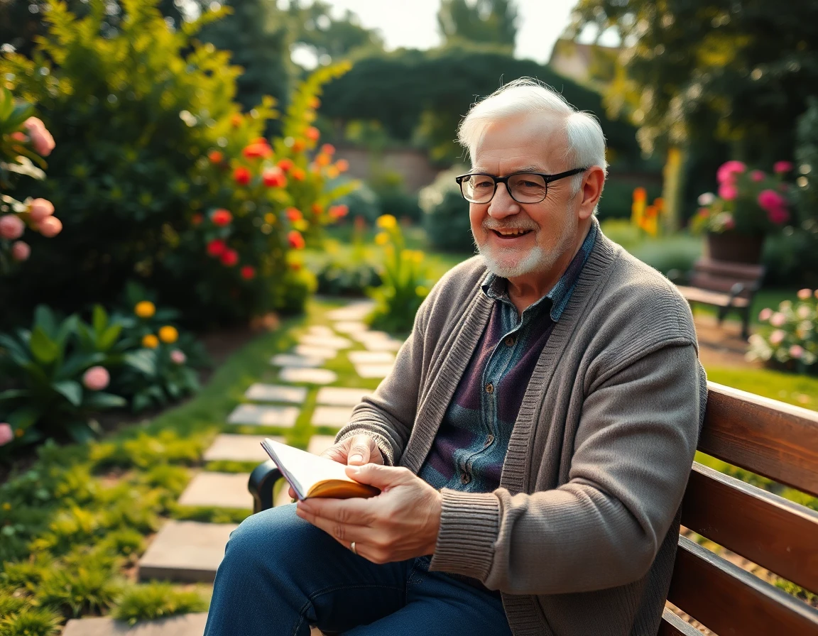 Elderly male author outdoors in garden, seated on bench, warm sunlight, expressive and inviting