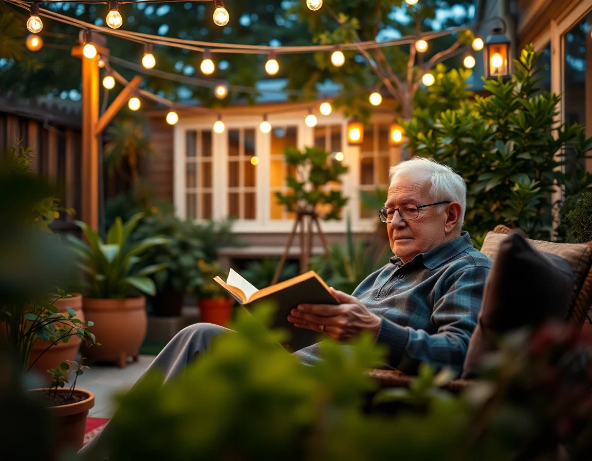 Elderly man reading on outdoor patio at dusk, peaceful garden ambiance