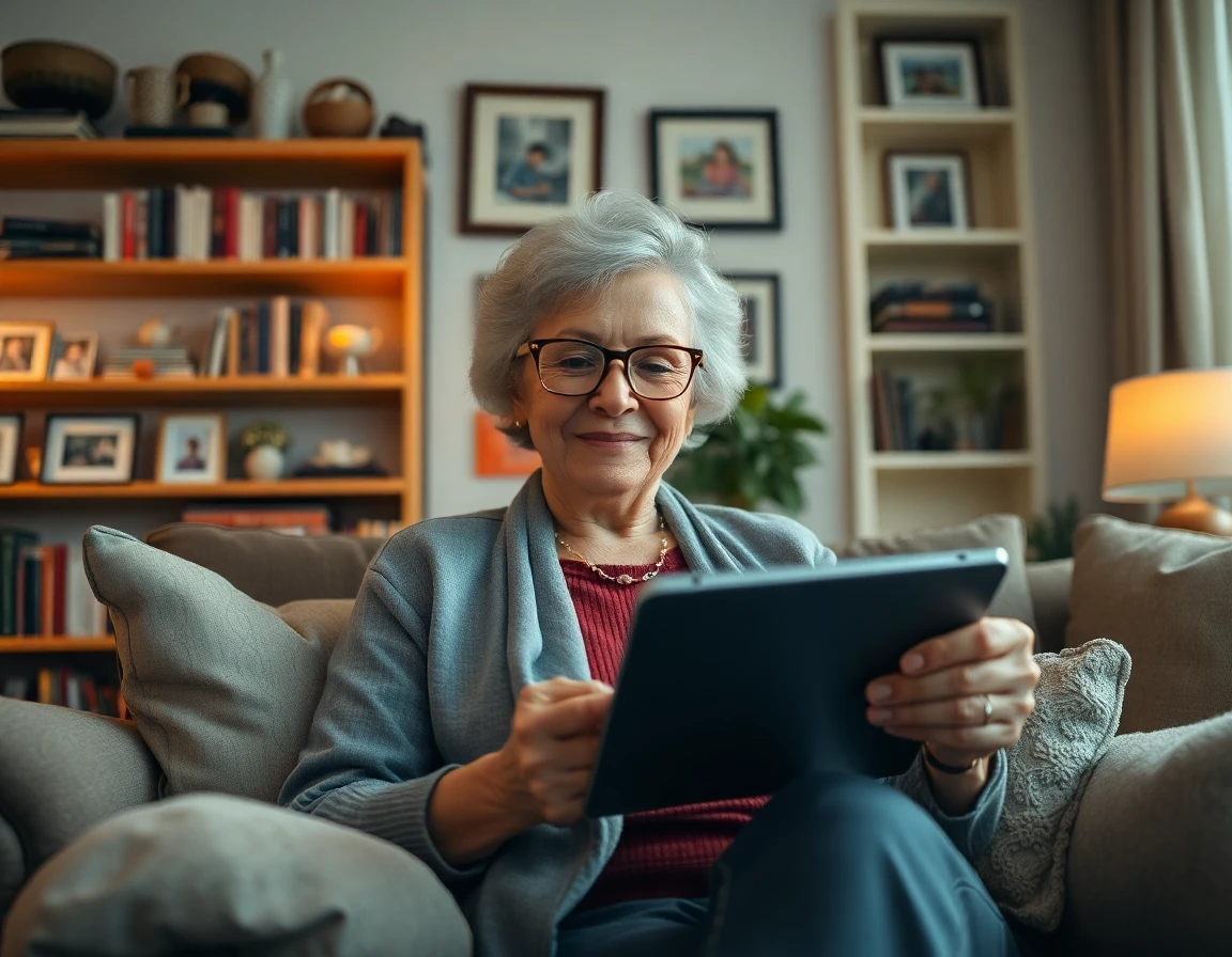 Elderly woman reading tablet in cozy living room with warm ambient lighting
