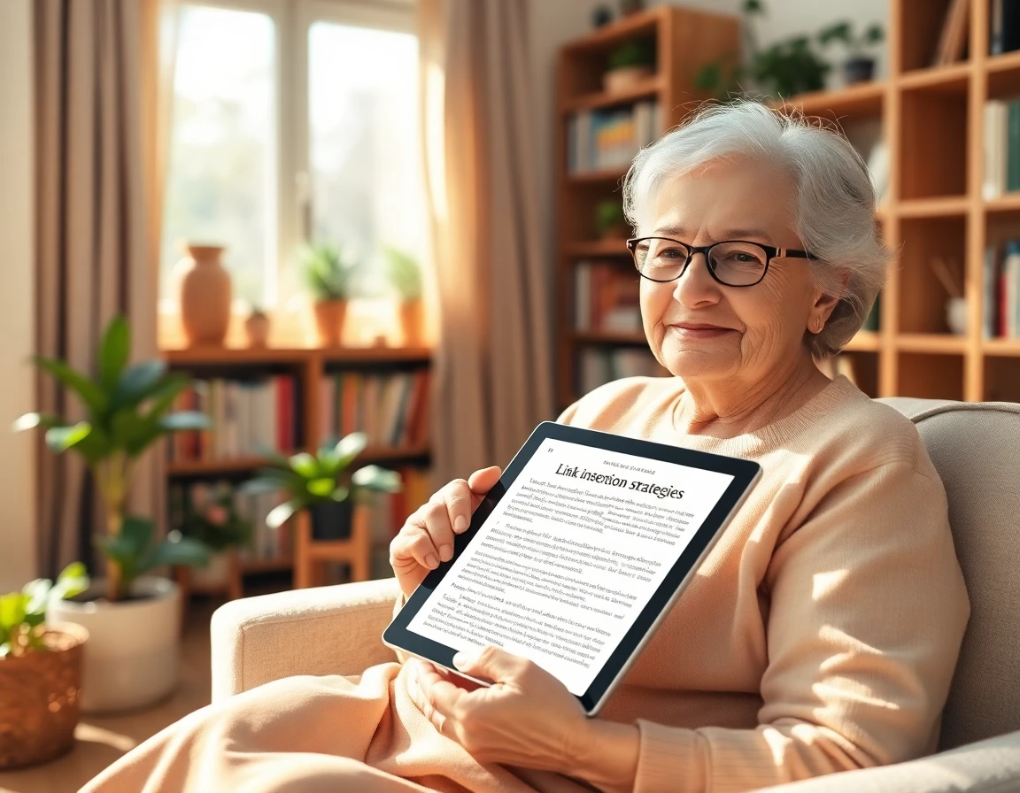 Elderly woman reading article on link-insertion strategies in sunlit home nook