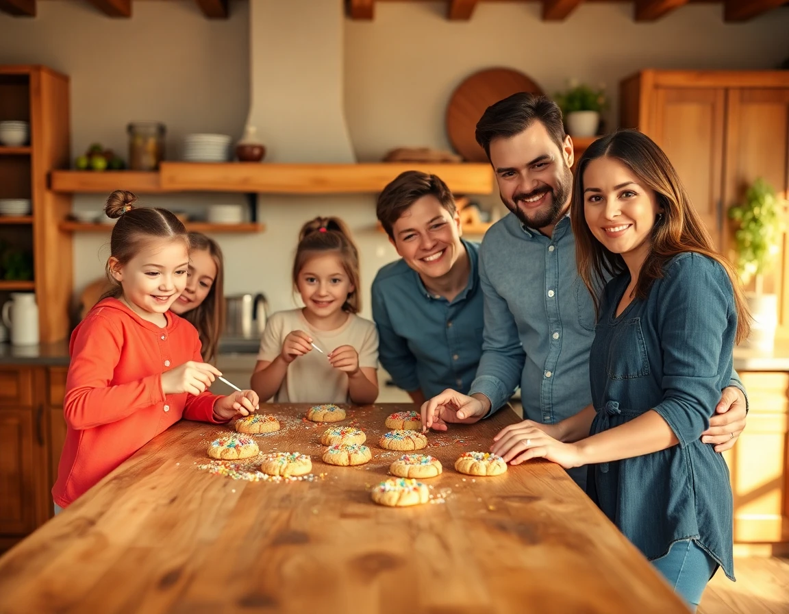 Family decorating cookies together in warm, inviting rustic kitchen with colorful icing and sprinkles