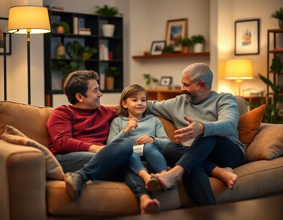 family sitting on sofa having a relaxed discussion in a cozy living room