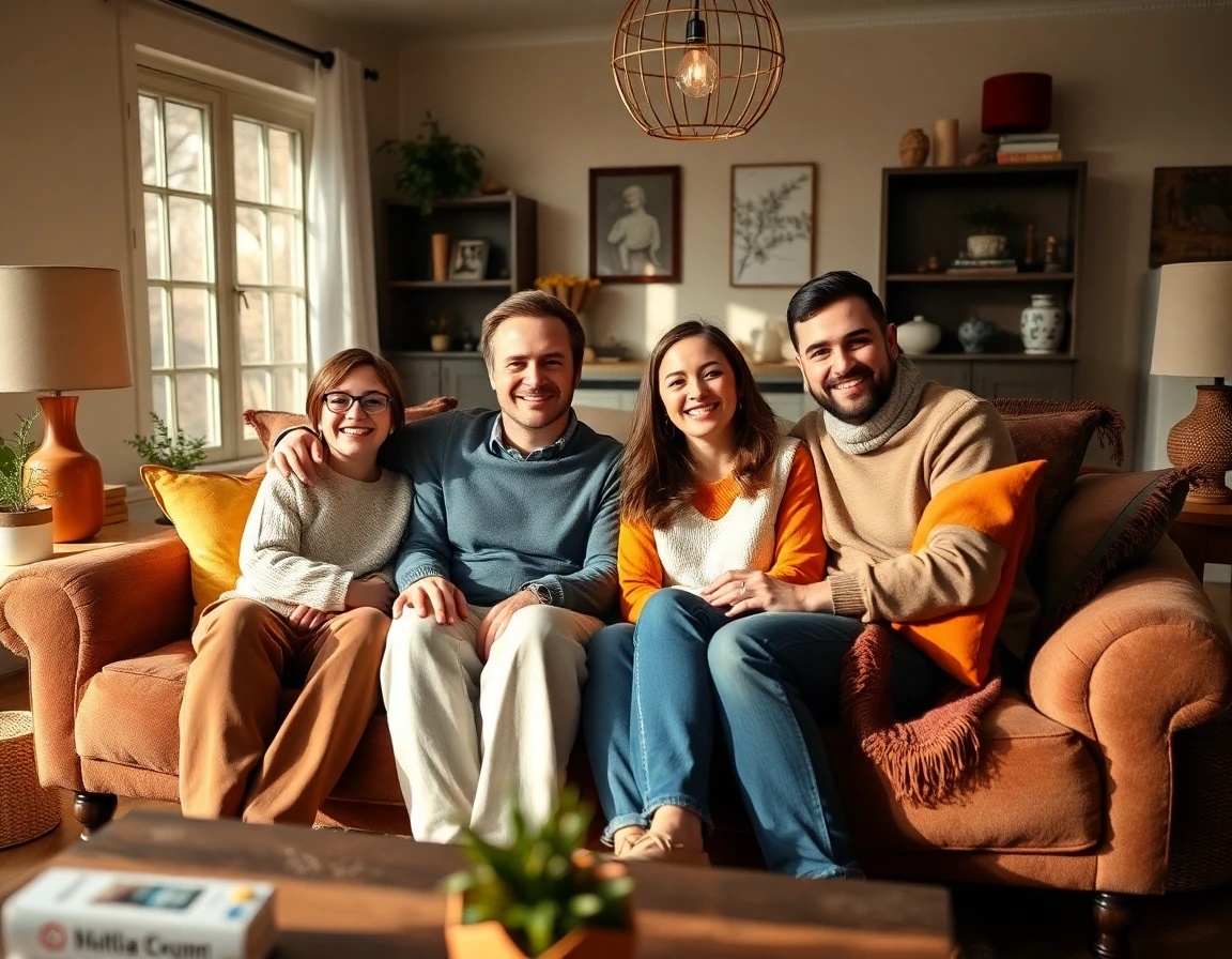 Happy family sitting on sofa in cozy modern living room with warm lighting