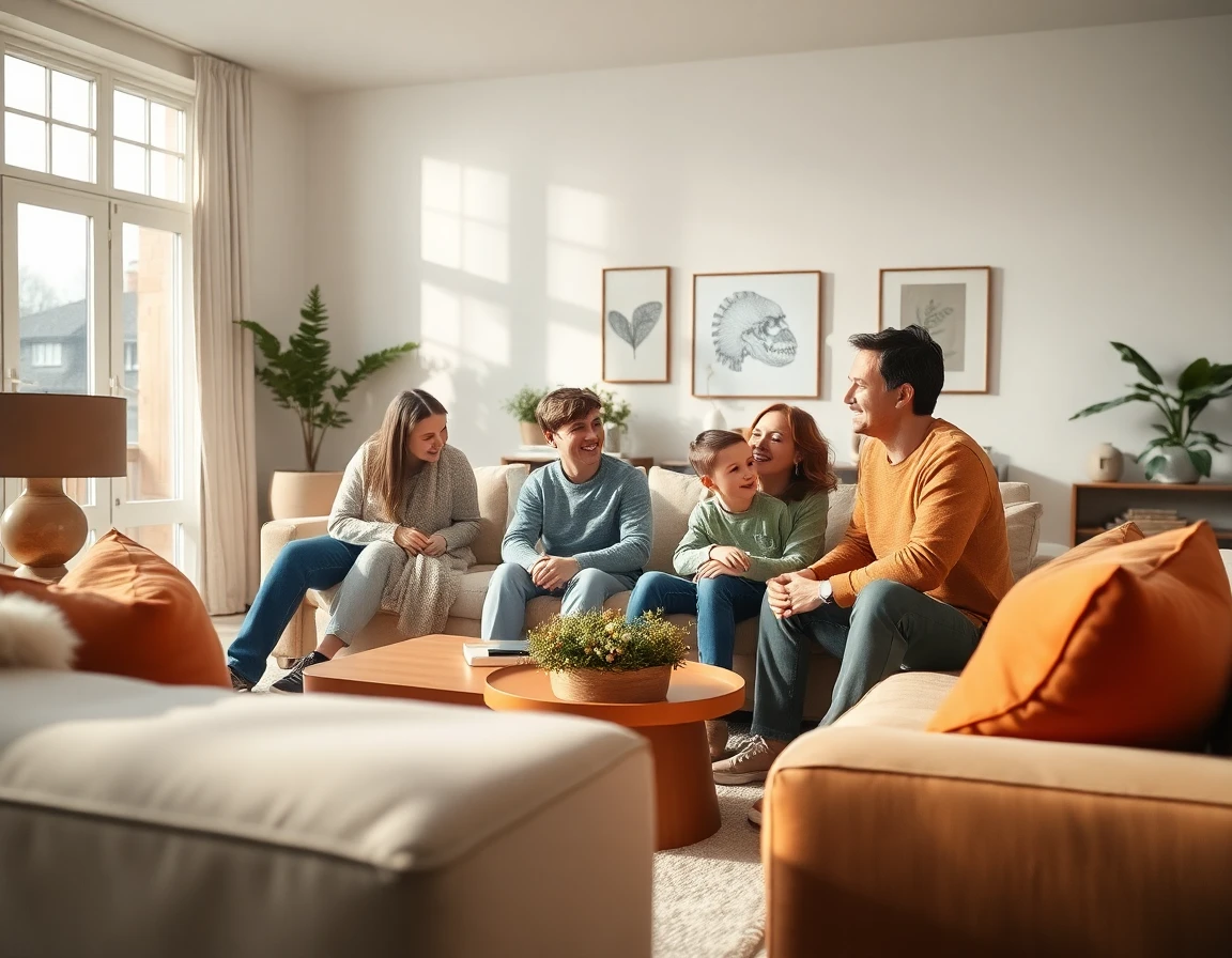 Happy family in a cozy, modern living room with natural light and stylish decor