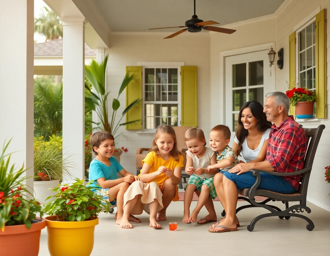 Happy family relaxing on porch of charming Florida home during late morning