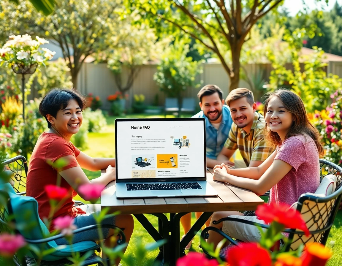 Young family in backyard with laptop displaying FAQ, vibrant garden, cheerful and trustworthy atmosphere
