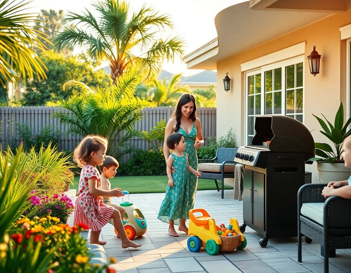 Happy family enjoying sunny Florida backyard patio during golden hour