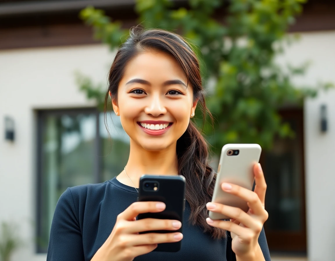 Young woman with smartphone smiling outdoors in front of modern house for contact section