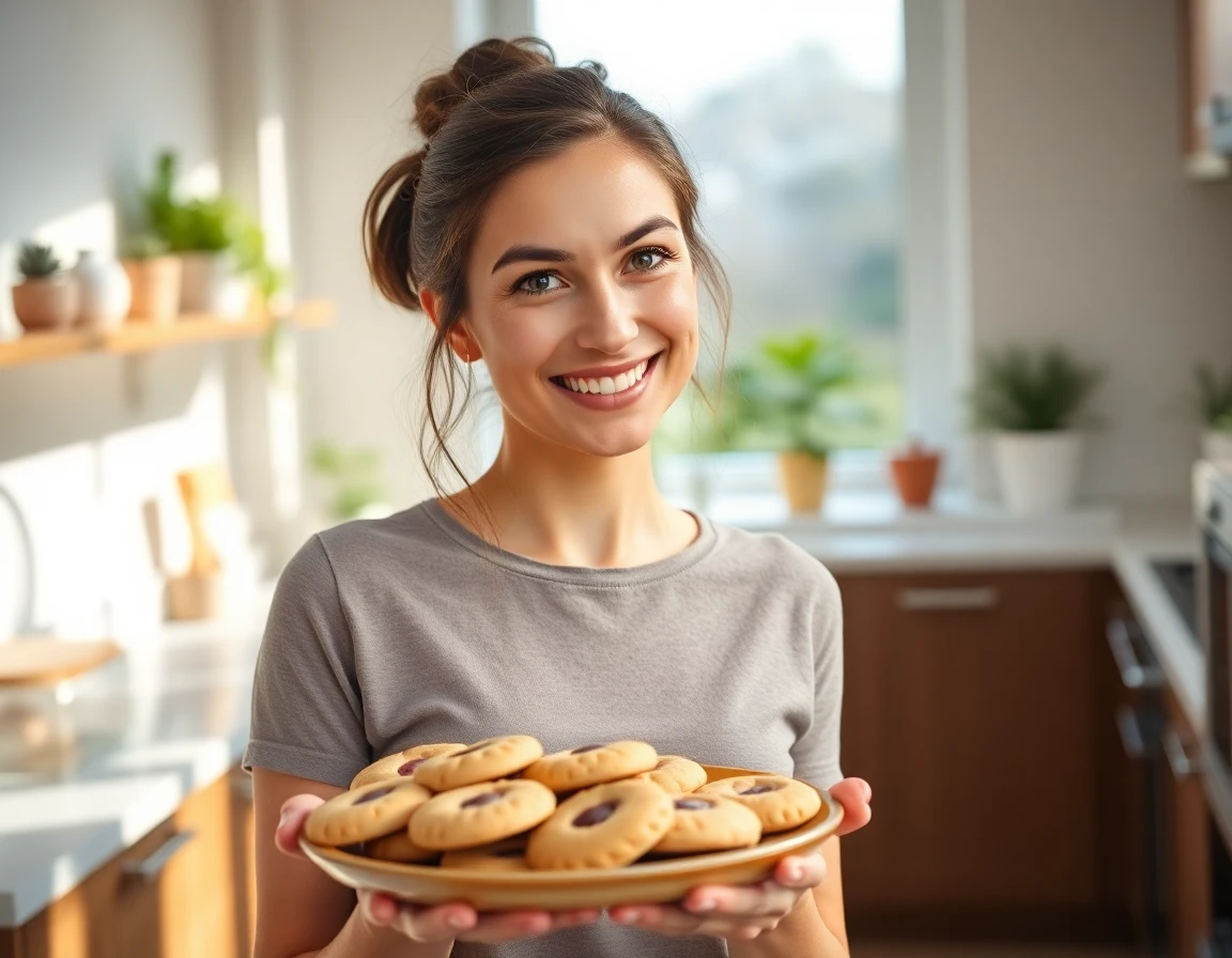 Young woman smiling holding plate of cookies in bright modern kitchen with natural daylight