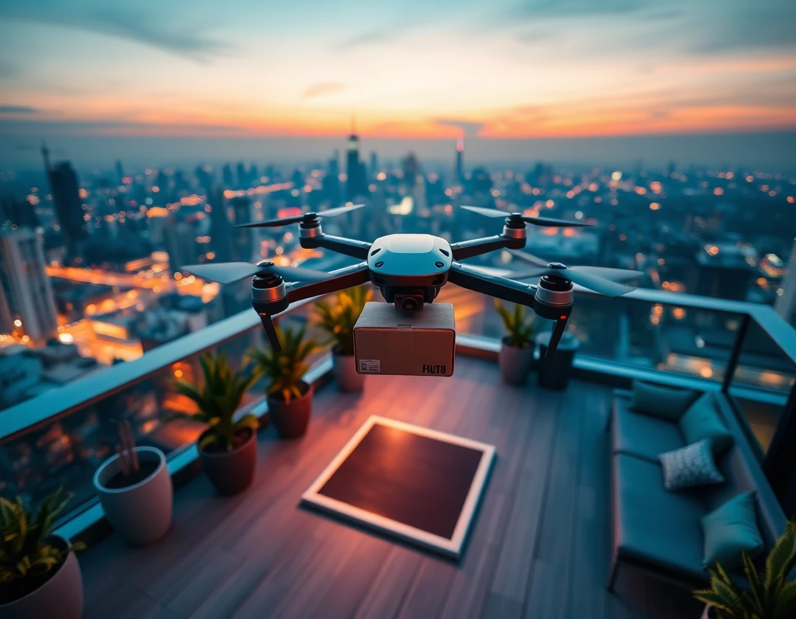 Drone delivering parcel to rooftop terrace at dusk with city skyline, innovative and modern