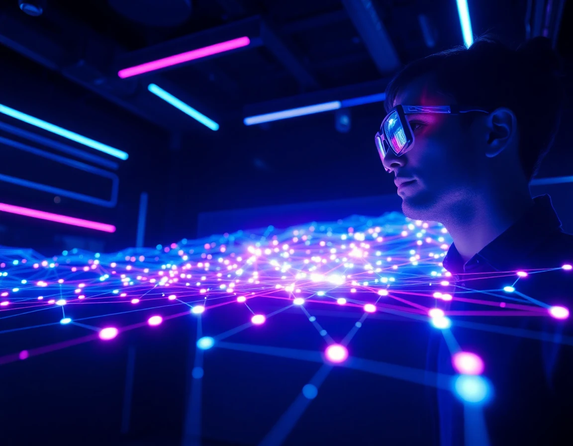 Holographic website sitemap with glowing nodes and pathways in a dark cyber environment