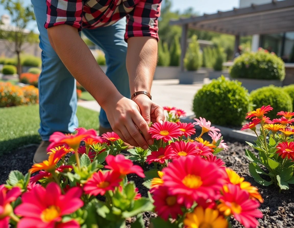 Landscaper planting colorful flowers in a lush, modern garden during bright midday