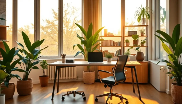 Modern home office during golden hour with plants, desk, and natural light