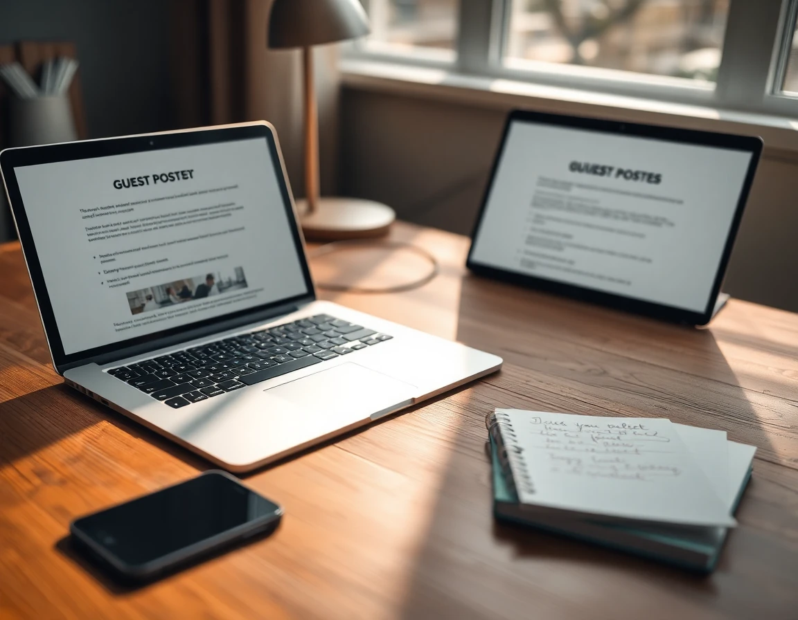Close-up of organized editorial workspace with laptop and notes for guest posting