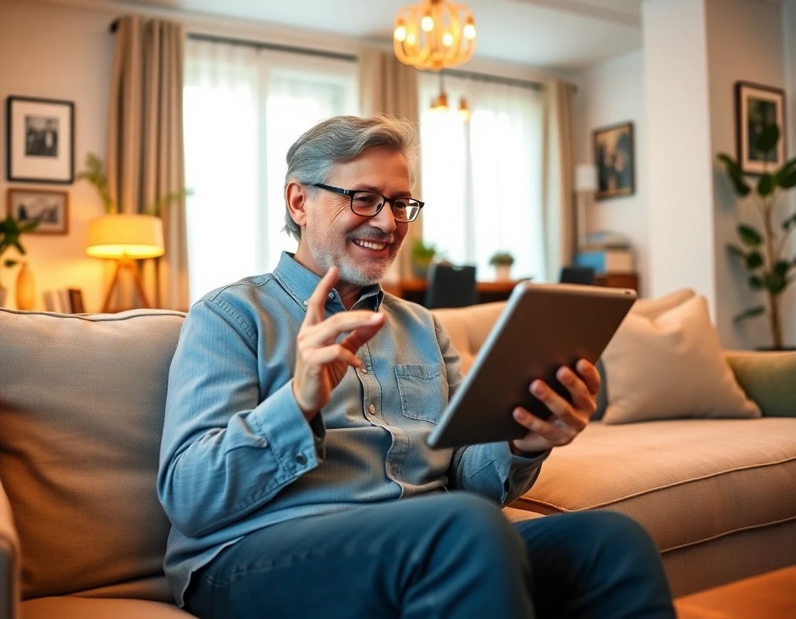 Person explaining guest post policies via tablet in cozy home living room