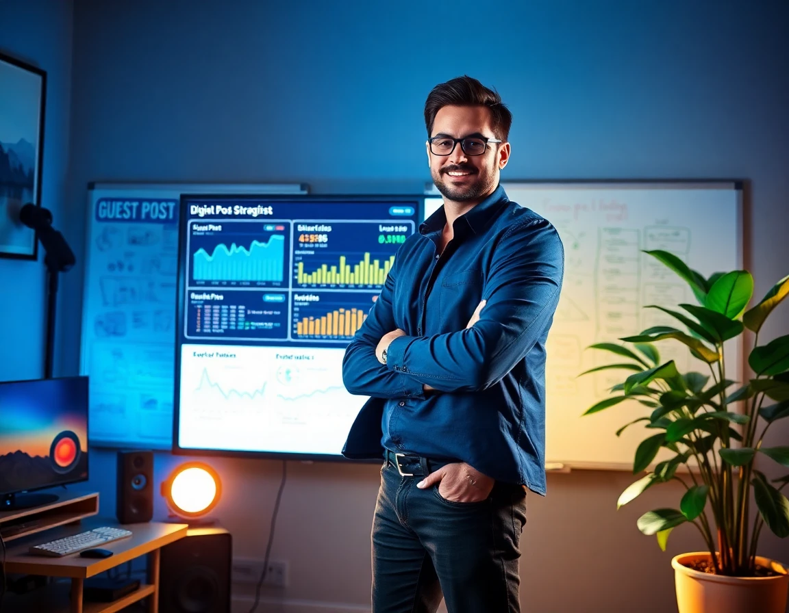 Digital marketing strategist analyzing guest post metrics on large monitor in modern home studio