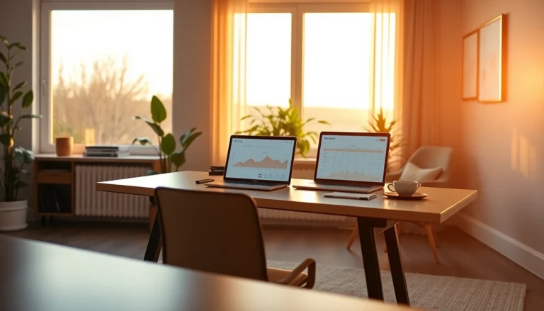 Modern home office with pricing charts, laptop, and cozy decor for guest post pricing article