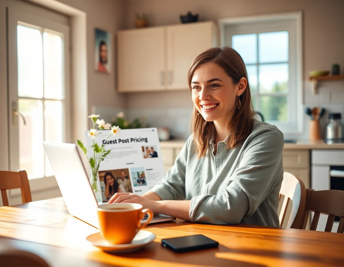 Home-based blogger reviewing guest post pricing on laptop at cozy kitchen table