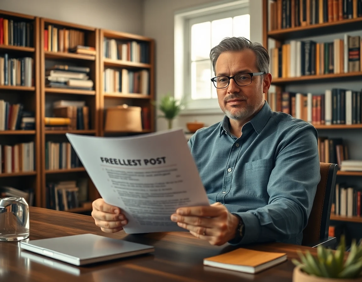 Freelance writer analyzing guest post pricing document in a cozy home library setting