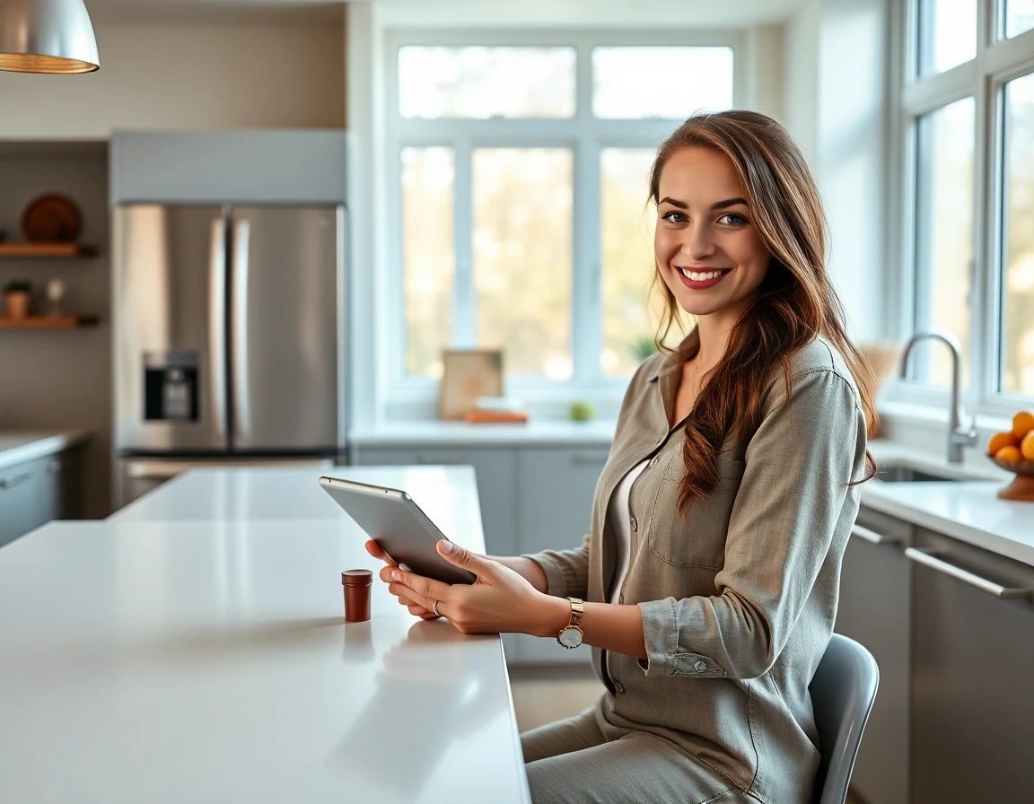 Young woman using tablet in bright modern kitchen, preparing to submit guest post, professional and inviting
