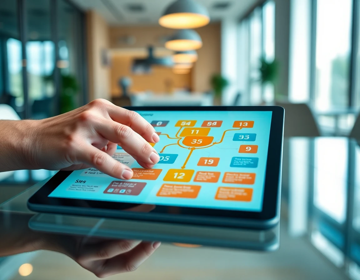 Close-up of hand over tablet with interactive sitemap diagram in bright office setting