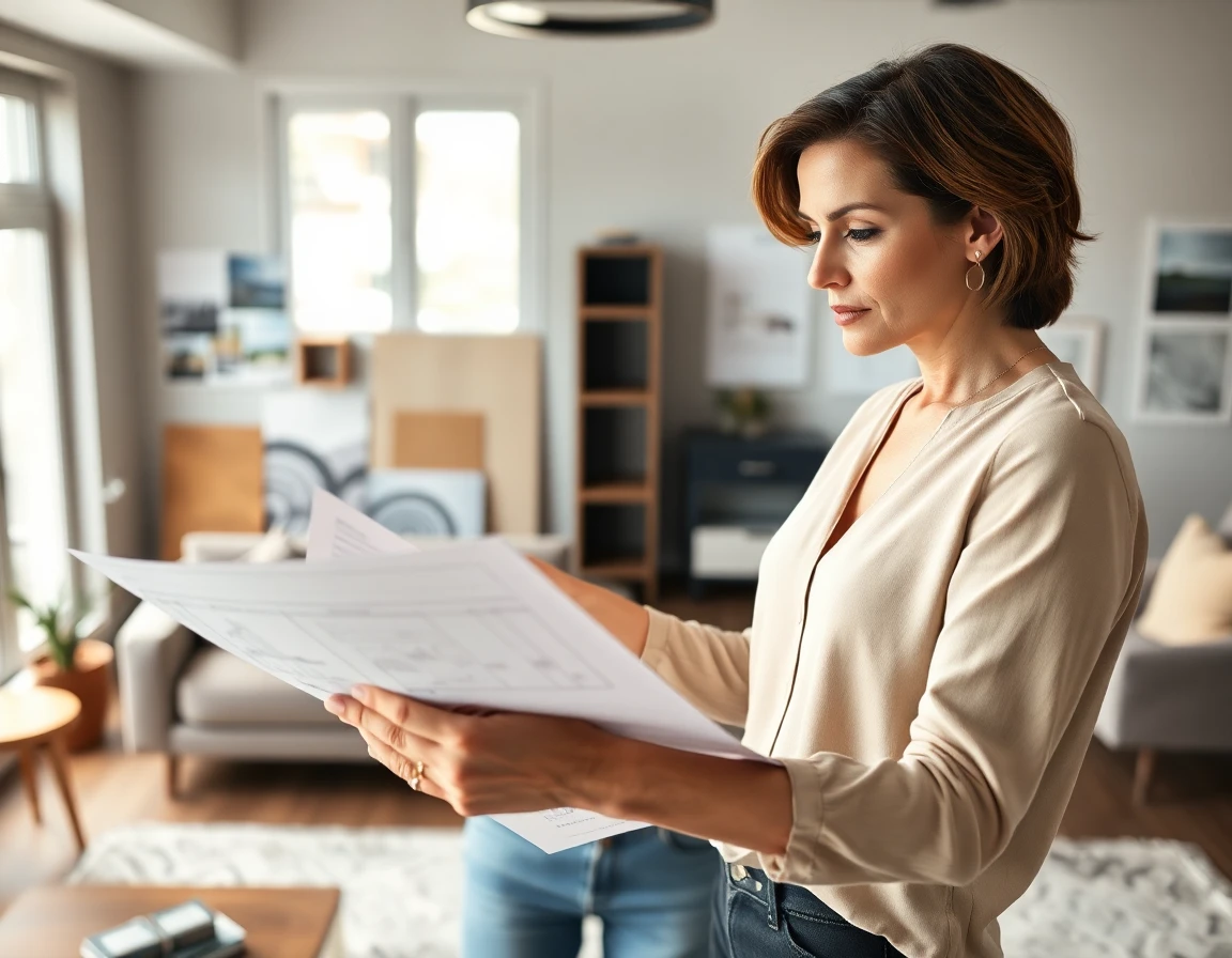 Interior designer reviewing blueprint in modern home with natural daylight