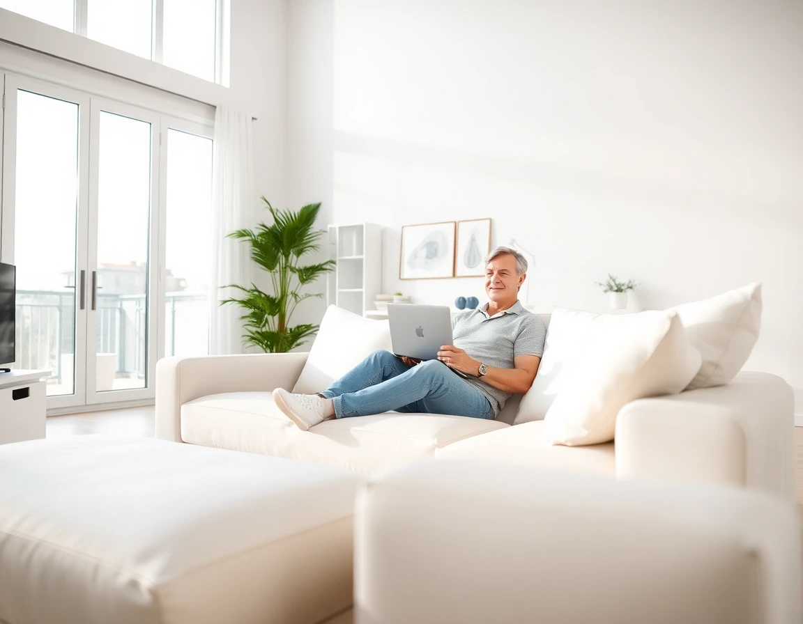 Modern home living room with person working on laptop illustrating white-label services