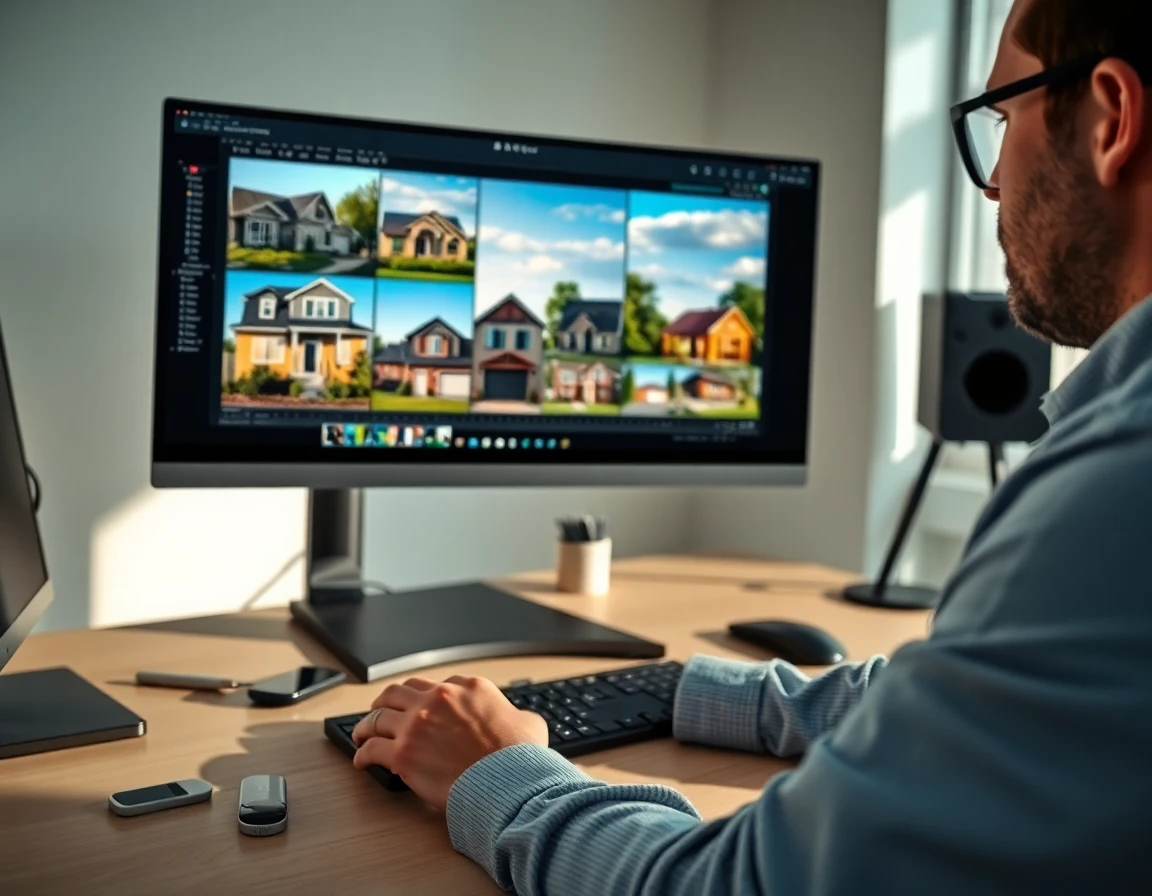 Professional photo editor working on home exterior images with layered editing tools