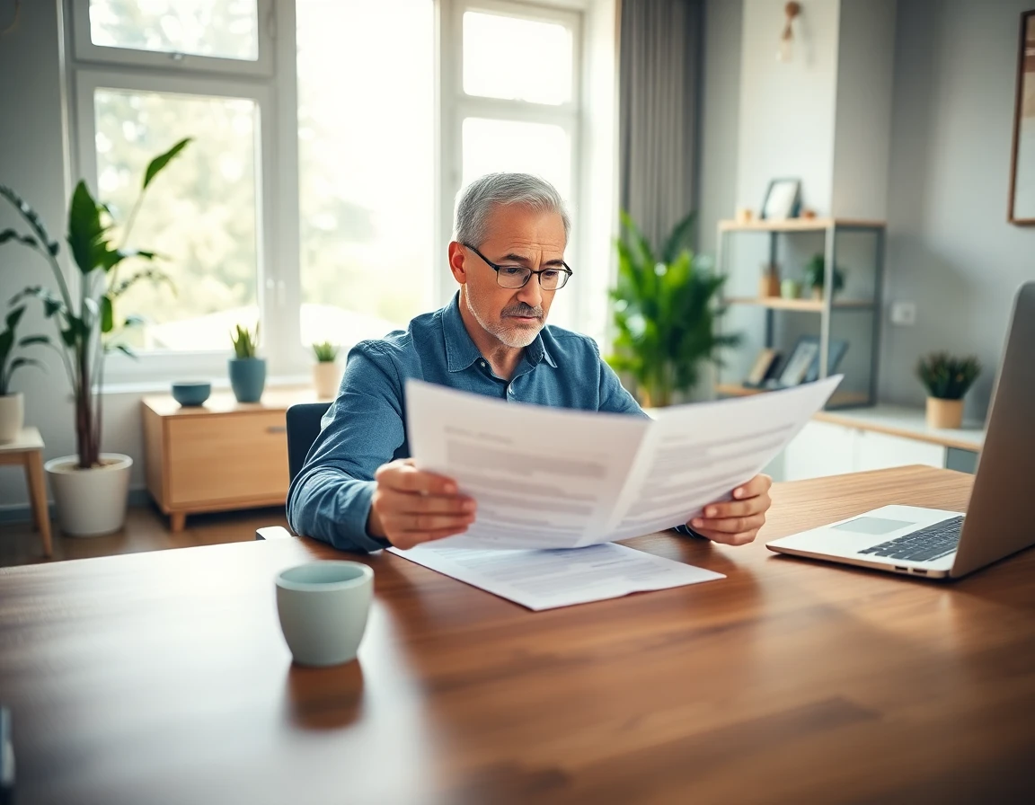 Professional man reviewing home terms at desk, bright modern office, detailed and inviting scene