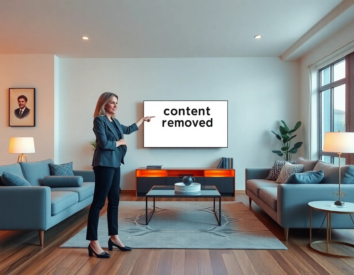 Homeowner pointing at TV with content removal message in modern living room