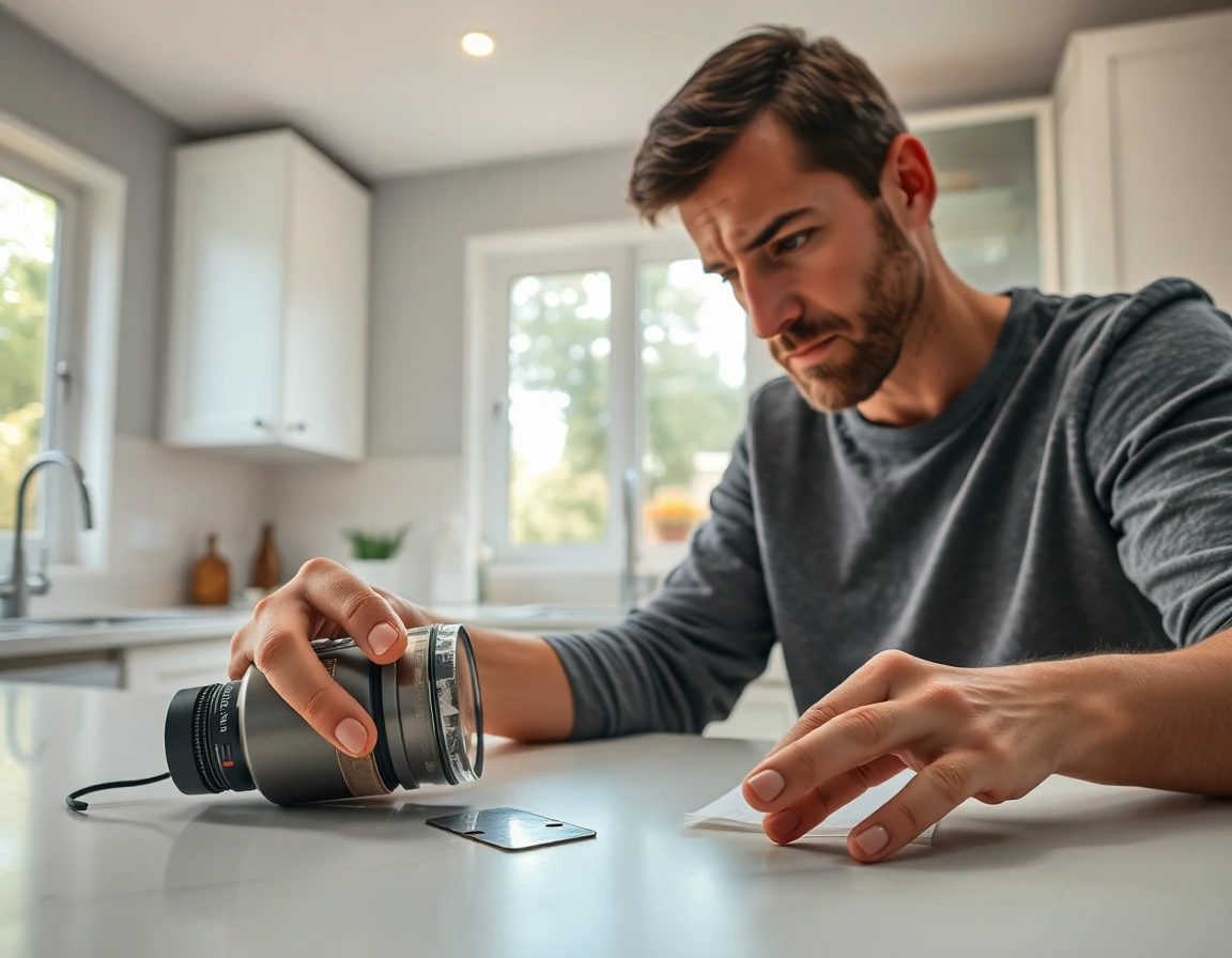 Homeowner examining damaged product in kitchen, emphasizing return process and transparency