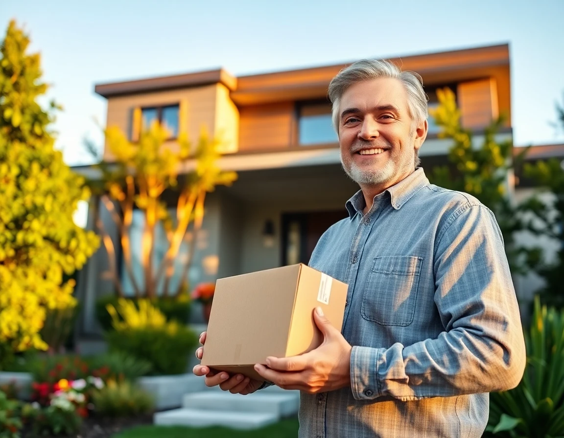 Homeowner smiling outdoors with return package in front of modern house during golden hour
