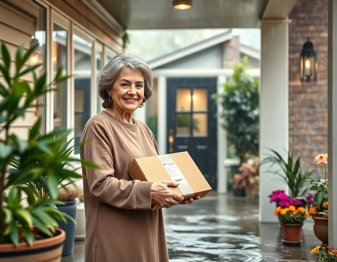 Homeowner receiving package on porch during rain, warm, trustworthy, and detailed scene