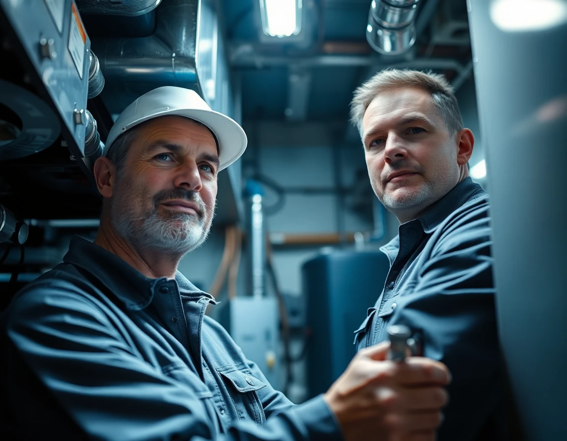 Professional technician inspecting modern HVAC system in basement, technical focus, reliable lighting