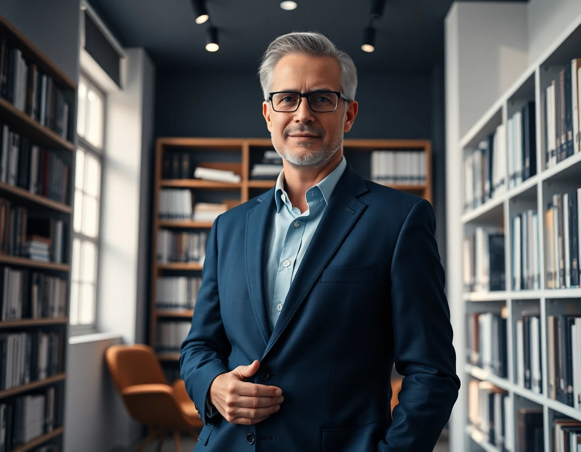 legal advisor standing confidently in a modern home library with legal documents