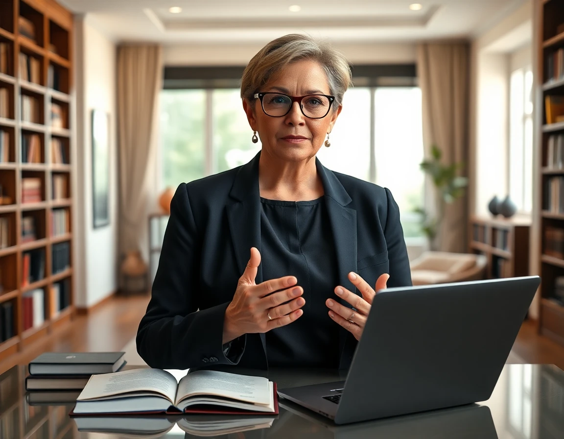 Legal expert woman discussing DMCA policy in home library setting