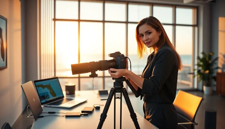 Professional female photographer adjusting camera in bright modern office for link-insertion service