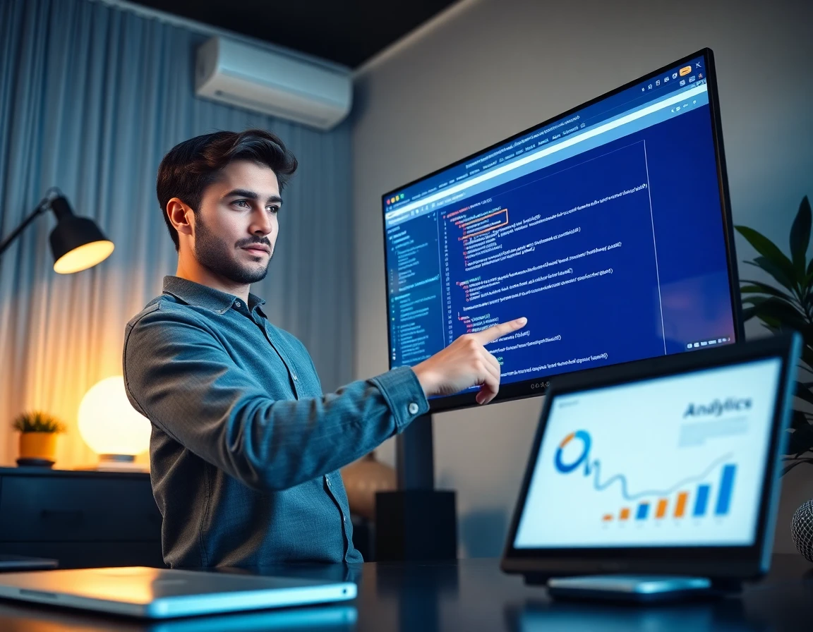 Young web developer analyzing link insertion points on website backend monitor