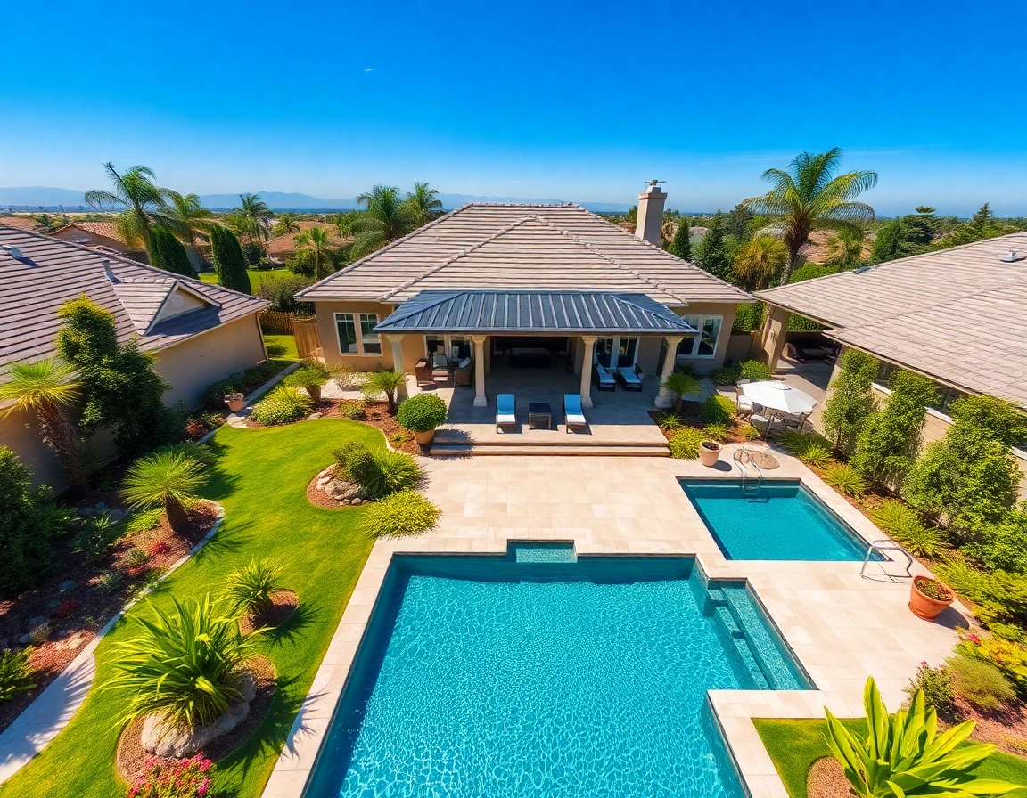 Aerial view of a landscaped backyard with pool, garden, and outdoor furniture during sunny day