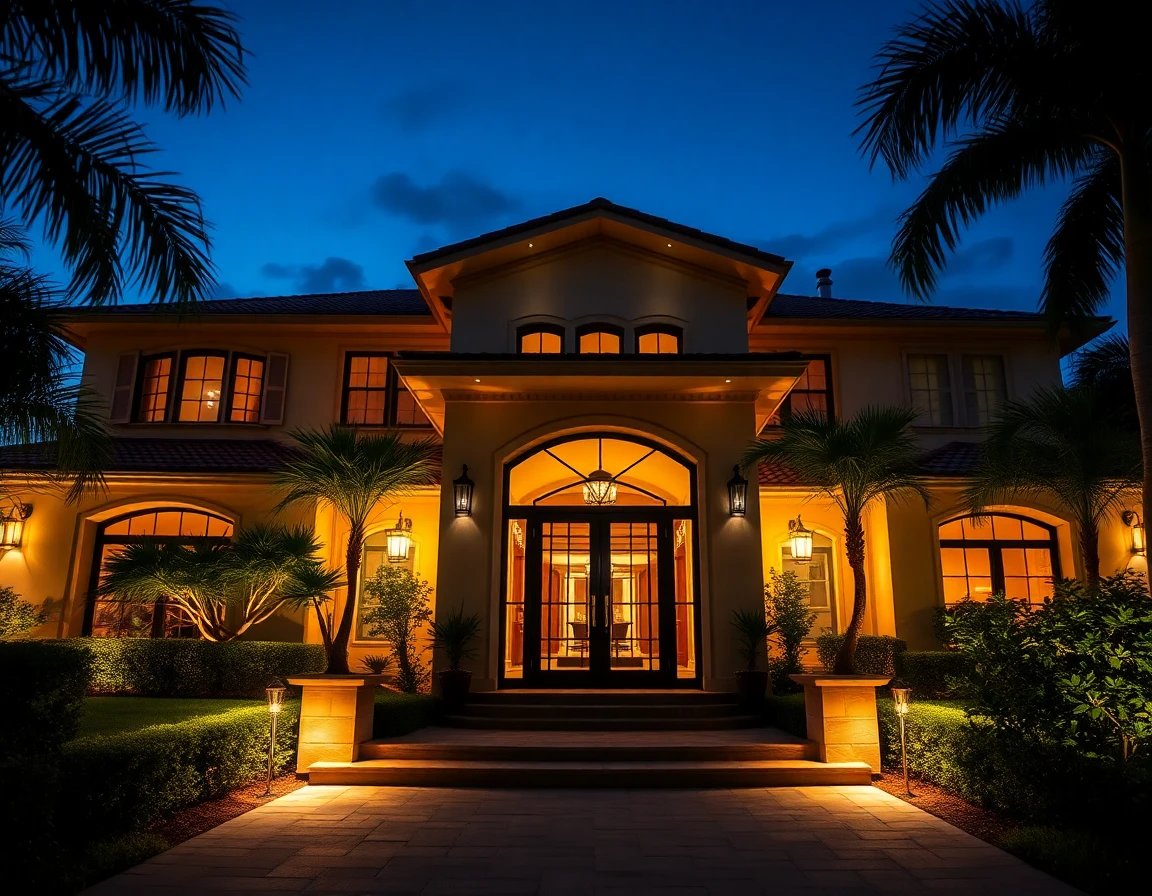 Luxurious Florida home exterior at night with ambient lighting and lush landscaping
