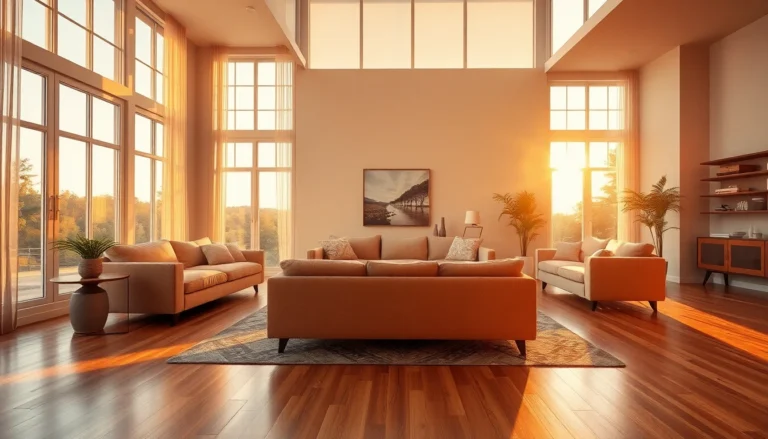 Cinematic wide banner of stylish modern home interior bathed in golden hour sunlight