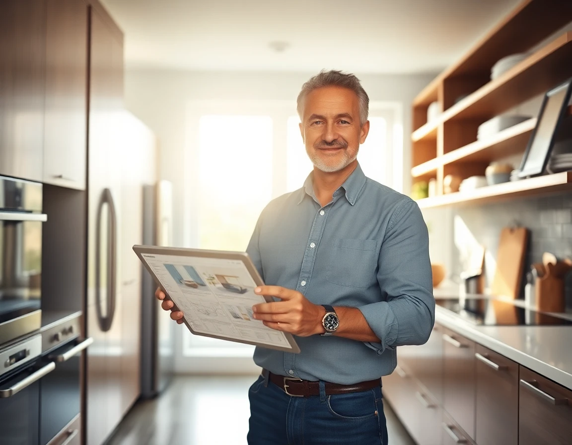 Confident middle-aged man in bright kitchen with tablet, modern design and natural light