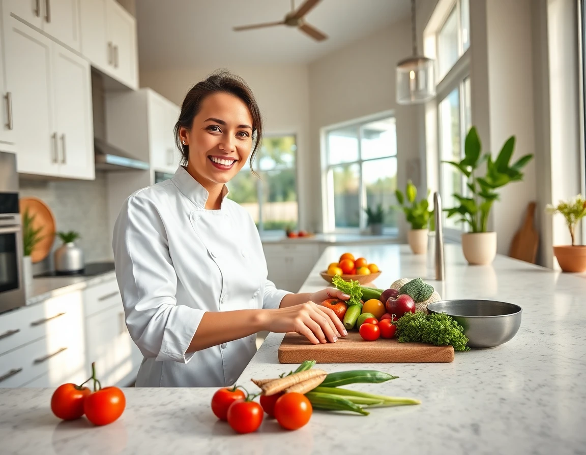 Cheerful female chef preparing fresh ingredients in a sleek modern Florida kitchen