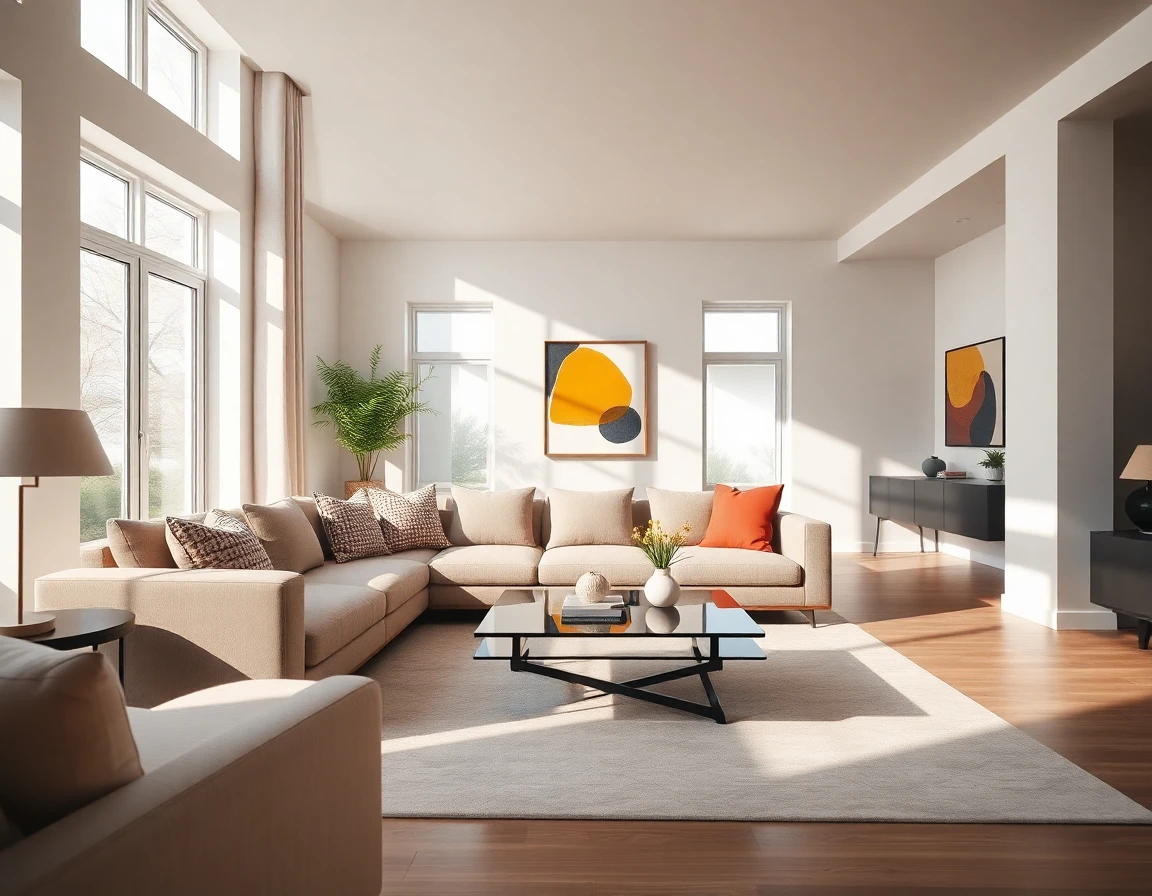 Contemporary living room with natural daylight, stylish furniture, and minimal decor