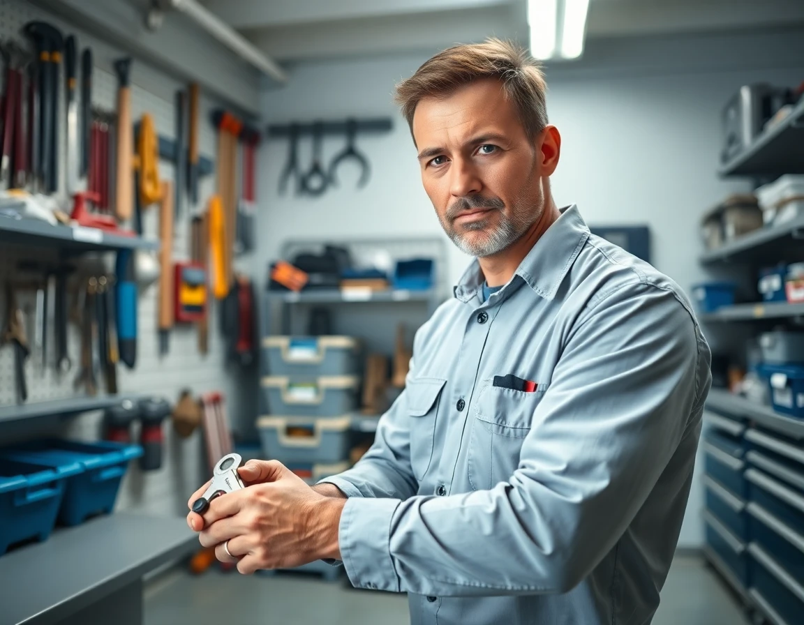 Professional handyman organizing tools in a clean, well-lit garage