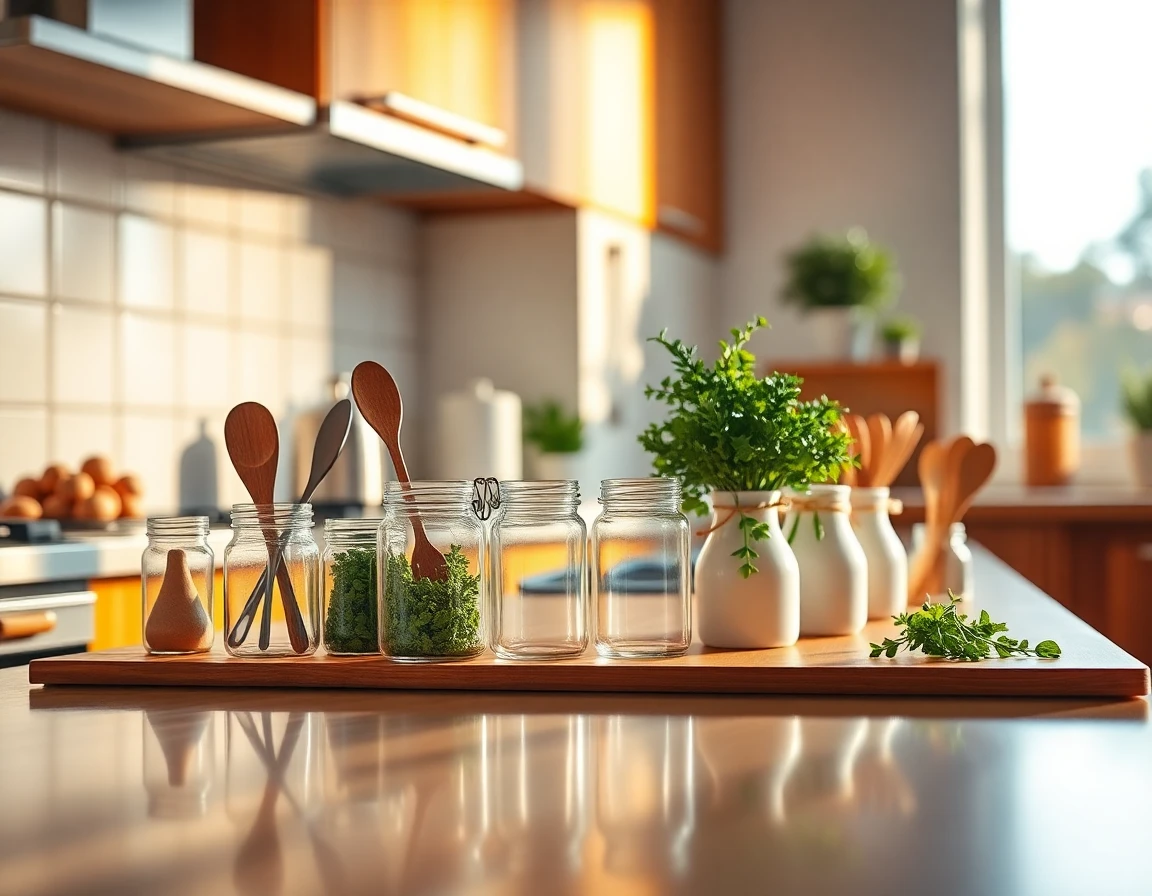 Neatly organized kitchen countertop with utensils and herbs in warm morning light