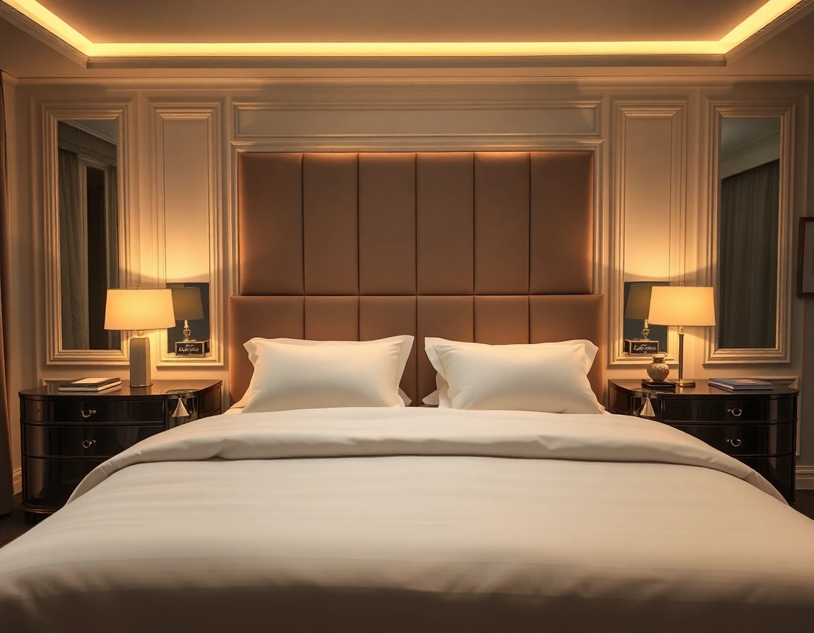 Luxurious, well-organized bedroom with made bed and ambient dusk lighting