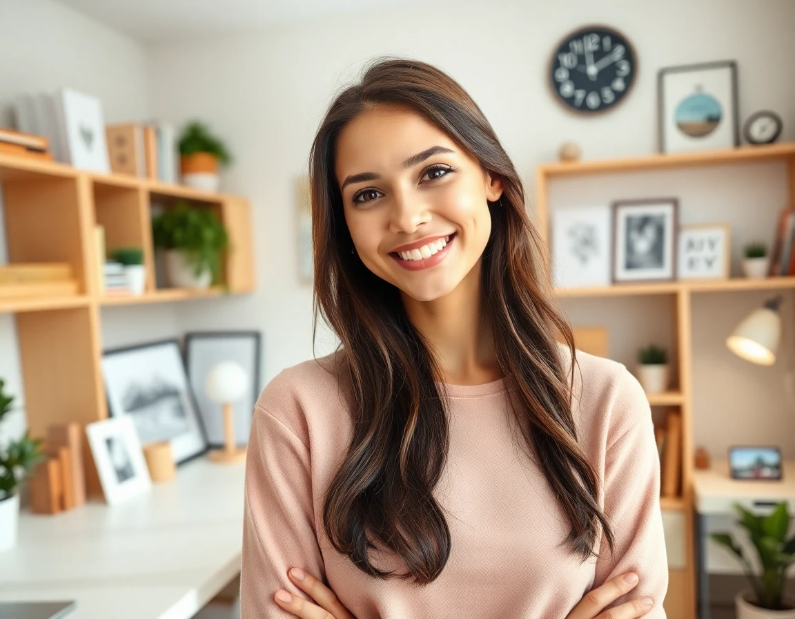 Confident woman in organized home office with tidy shelves and soft daylight