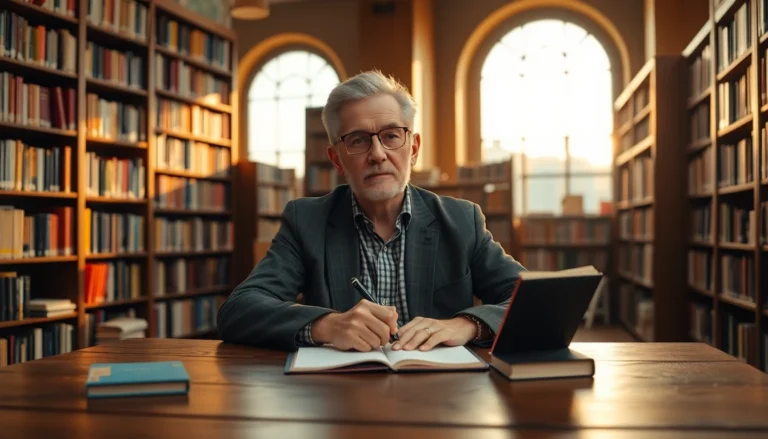 Author seated in library with books and warm golden lighting, cinematic wide banner