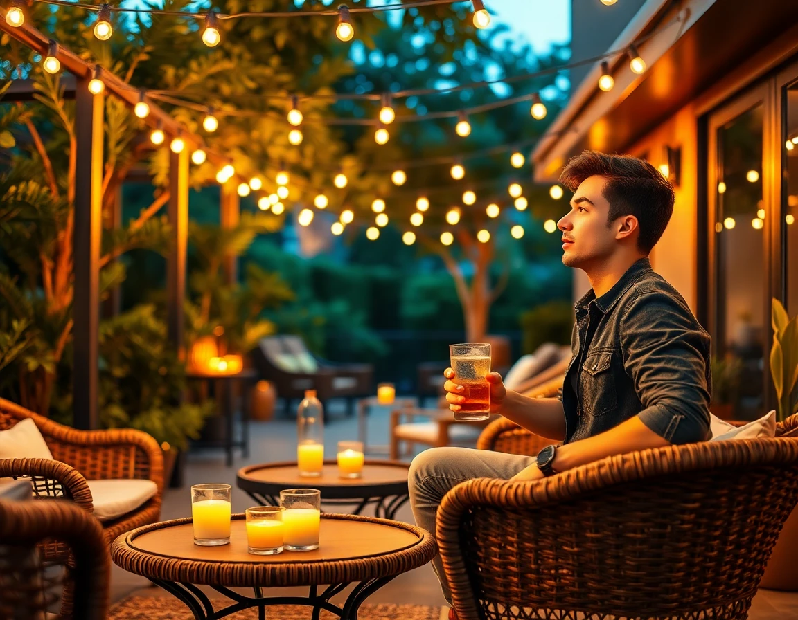 outdoor patio at dusk with seating, candles, and ambient string lights